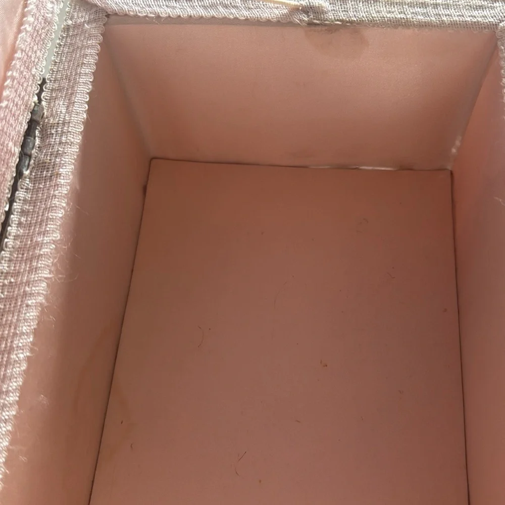 Vintage Wicker Sewing Box pink floral embroidered Lid with Built-in Pin Cushion